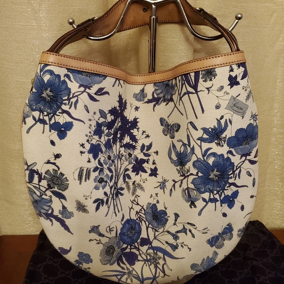 Gucci Horsebit Flora Wave Blue Canvas Hobo Bag